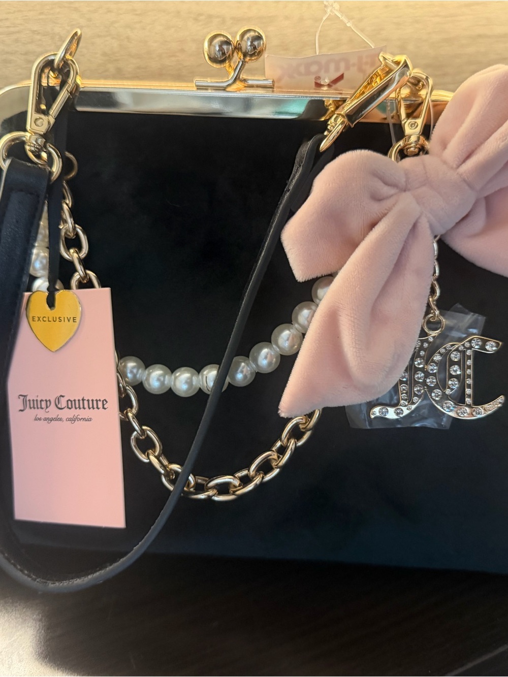 Juicy Couture Black Velvet Satchel with Pink Bow and Gold Hardware - Picture 2 of 3